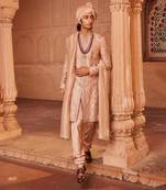 Rosebrown hand & machine embroidery work raw silk izaar sherwani set