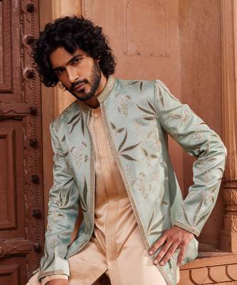 Sage green hand & machine embroidery work silk jacquard sage velvet patch jacket set 3