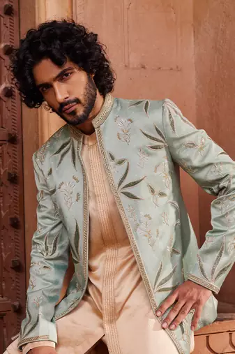 Sage green hand & machine embroidery work silk jacquard sage velvet patch jacket set
