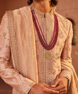 Rosebrown hand & machine embroidery work raw silk izaar sherwani set 2
