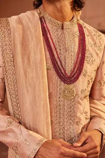 Rosebrown hand & machine embroidery work raw silk izaar sherwani set