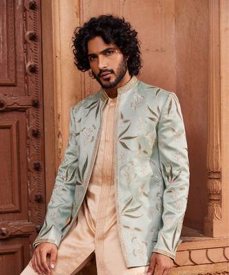 Sage green hand & machine embroidery work silk jacquard sage velvet patch jacket set 4