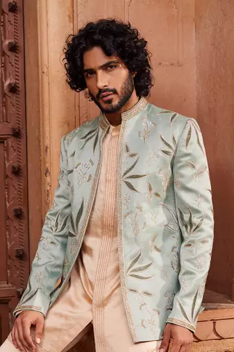 Sage green hand & machine embroidery work silk jacquard sage velvet patch jacket set