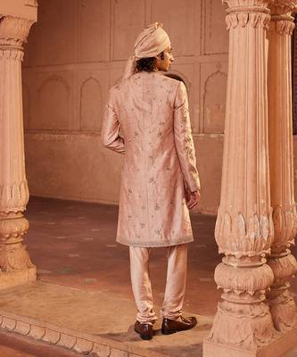 Rosebrown hand & machine embroidery work raw silk izaar sherwani set 3