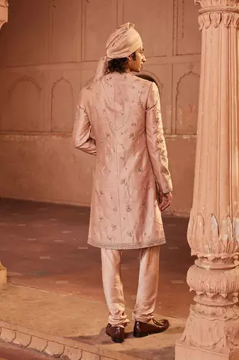 Rosebrown hand & machine embroidery work raw silk izaar sherwani set