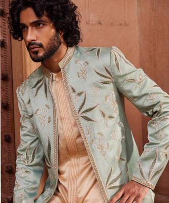 Sage green hand & machine embroidery work silk jacquard sage velvet patch jacket set 5