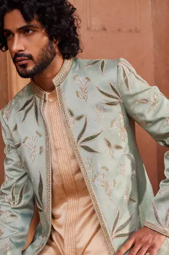 Sage green hand & machine embroidery work silk jacquard sage velvet patch jacket set