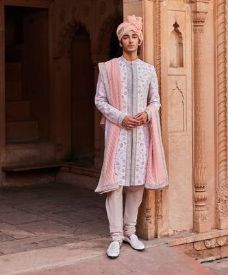 Ice grey hand & machine embroidery work raw silk asmaa sherwani set 1