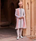 Ice grey hand & machine embroidery work raw silk asmaa sherwani set