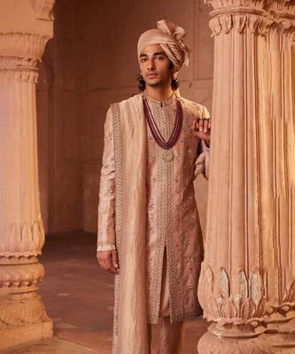 Rosebrown hand & machine embroidery work raw silk izaar sherwani set 4