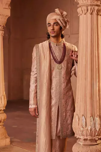 Rosebrown hand & machine embroidery work raw silk izaar sherwani set