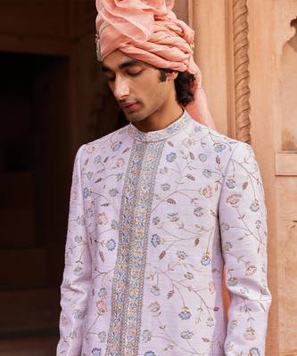 Ice grey hand & machine embroidery work raw silk asmaa sherwani set 2
