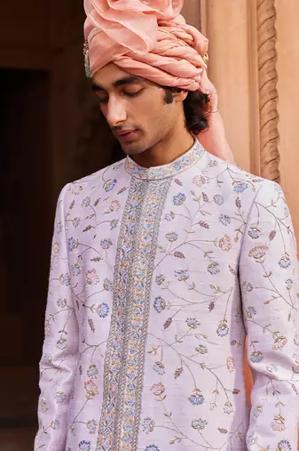 Ice grey hand & machine embroidery work raw silk asmaa sherwani set
