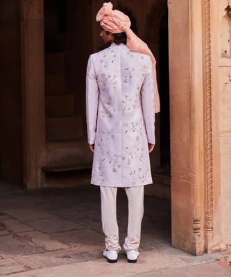 Ice grey hand & machine embroidery work raw silk asmaa sherwani set 3