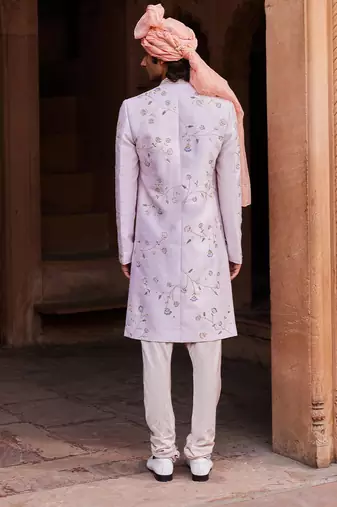 Ice grey hand & machine embroidery work raw silk asmaa sherwani set