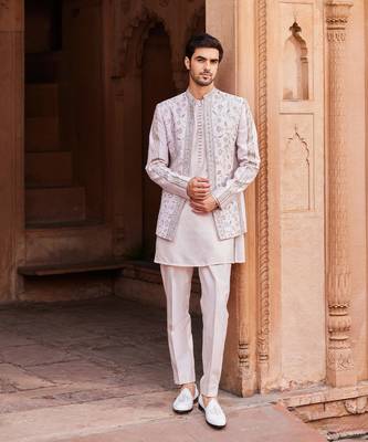 Ice grey hand & machine embroidery work raw silk aasma jacket set 1