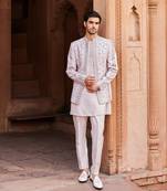 Ice grey hand & machine embroidery work raw silk aasma jacket set