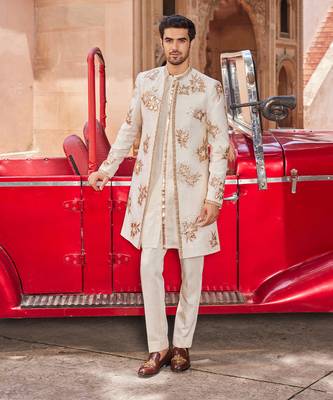 Ivory hand & machine embroidery work raw silk shaheen open sherwani set 1