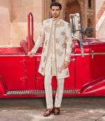Ivory hand & machine embroidery work raw silk shaheen open sherwani set