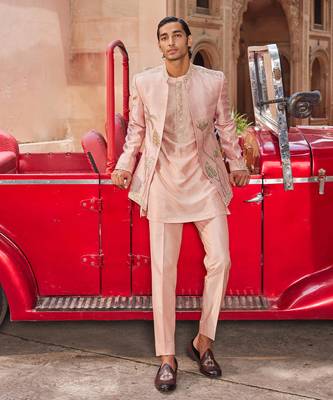 Nude pink hand & machine embroidery work raw silk palm jacket set 1