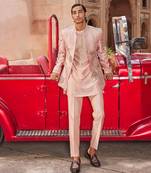 Nude pink hand & machine embroidery work raw silk palm jacket set