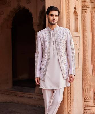 Ice grey hand & machine embroidery work raw silk aasma jacket set 2