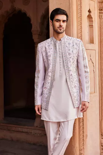 Ice grey hand & machine embroidery work raw silk aasma jacket set