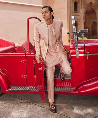 Nude pink hand & machine embroidery work raw silk palm jacket set 2