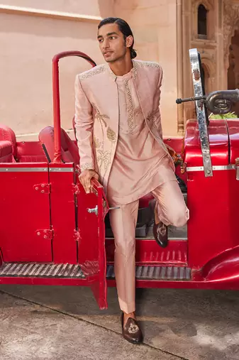 Nude pink hand & machine embroidery work raw silk palm jacket set