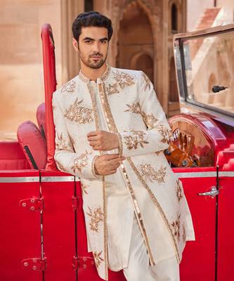 Ivory hand & machine embroidery work raw silk shaheen open sherwani set 2