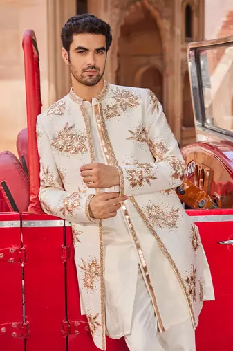 Ivory hand & machine embroidery work raw silk shaheen open sherwani set