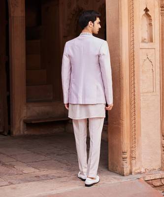 Ice grey hand & machine embroidery work raw silk aasma jacket set 3