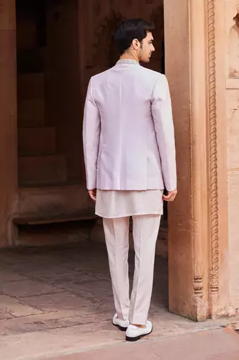 Ice grey hand & machine embroidery work raw silk aasma jacket set