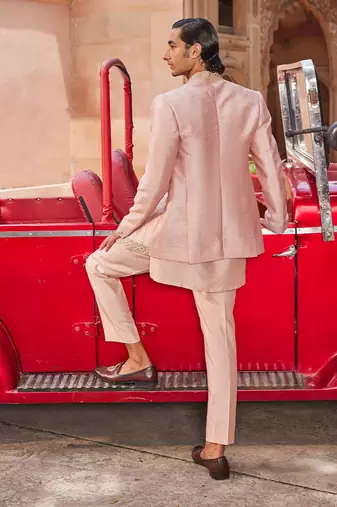 Nude pink hand & machine embroidery work raw silk palm jacket set