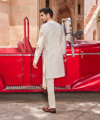Ivory hand & machine embroidery work raw silk shaheen open sherwani set 3