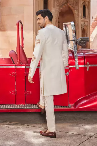 Ivory hand & machine embroidery work raw silk shaheen open sherwani set