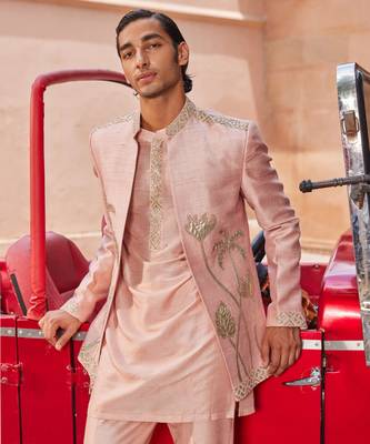 Nude pink hand & machine embroidery work raw silk palm jacket set 4