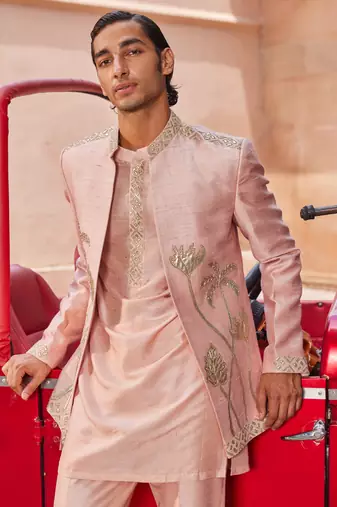 Nude pink hand & machine embroidery work raw silk palm jacket set