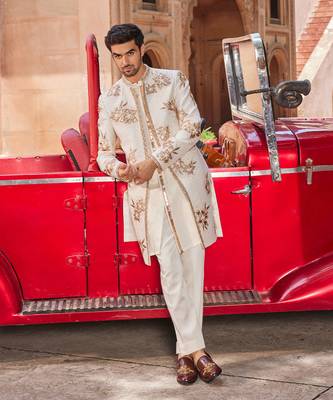 Ivory hand & machine embroidery work raw silk shaheen open sherwani set 4