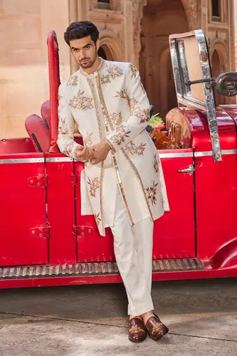 Ivory hand & machine embroidery work raw silk shaheen open sherwani set