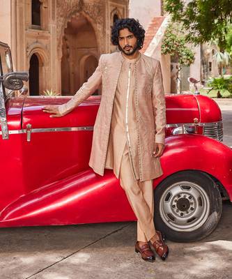 Rosebrown hand & machine embroidery work raw silk raabta open sherwani set 1