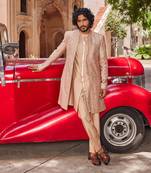 Rosebrown hand & machine embroidery work raw silk raabta open sherwani set