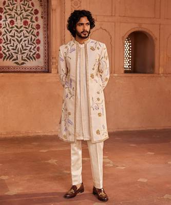 Ivory hand paint & hand embroidered work pure silk jahaan open sherwani set 1