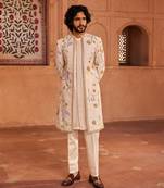 Ivory hand paint & hand embroidered work pure silk jahaan open sherwani set