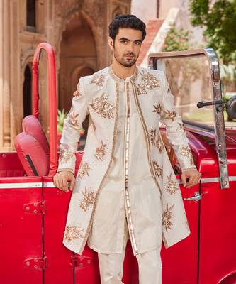 Ivory hand & machine embroidery work raw silk shaheen open sherwani set 5