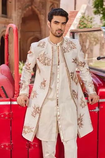 Ivory hand & machine embroidery work raw silk shaheen open sherwani set