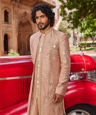 Rosebrown hand & machine embroidery work raw silk raabta open sherwani set 3