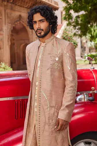 Rosebrown hand & machine embroidery work raw silk raabta open sherwani set