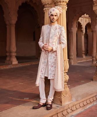 Nude pink hand & machine embroidery work raw silk flamingo sherwani set 1