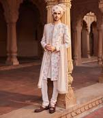 Nude pink hand & machine embroidery work raw silk flamingo sherwani set